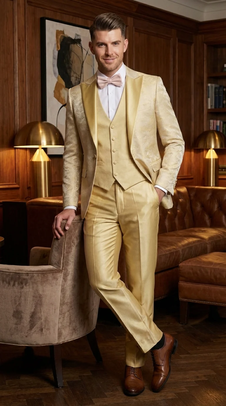 Vitali Mens Yellow Gold Designer Tuxedo Suit Set – Luxury Wedding Prom Formal Tuxedo with Vest Bow Tie in Champaign Color - Image 11