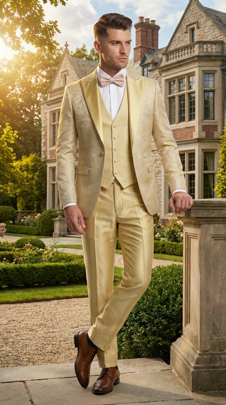 Vitali Mens Yellow Gold Designer Tuxedo Suit Set – Luxury Wedding Prom Formal Tuxedo with Vest Bow Tie in Champaign Color - Image 12