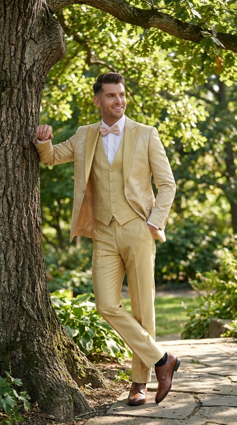 Vitali Mens Yellow Gold Designer Tuxedo Suit Set – Luxury Wedding Prom Formal Tuxedo with Vest Bow Tie in Champaign Color - Image 13