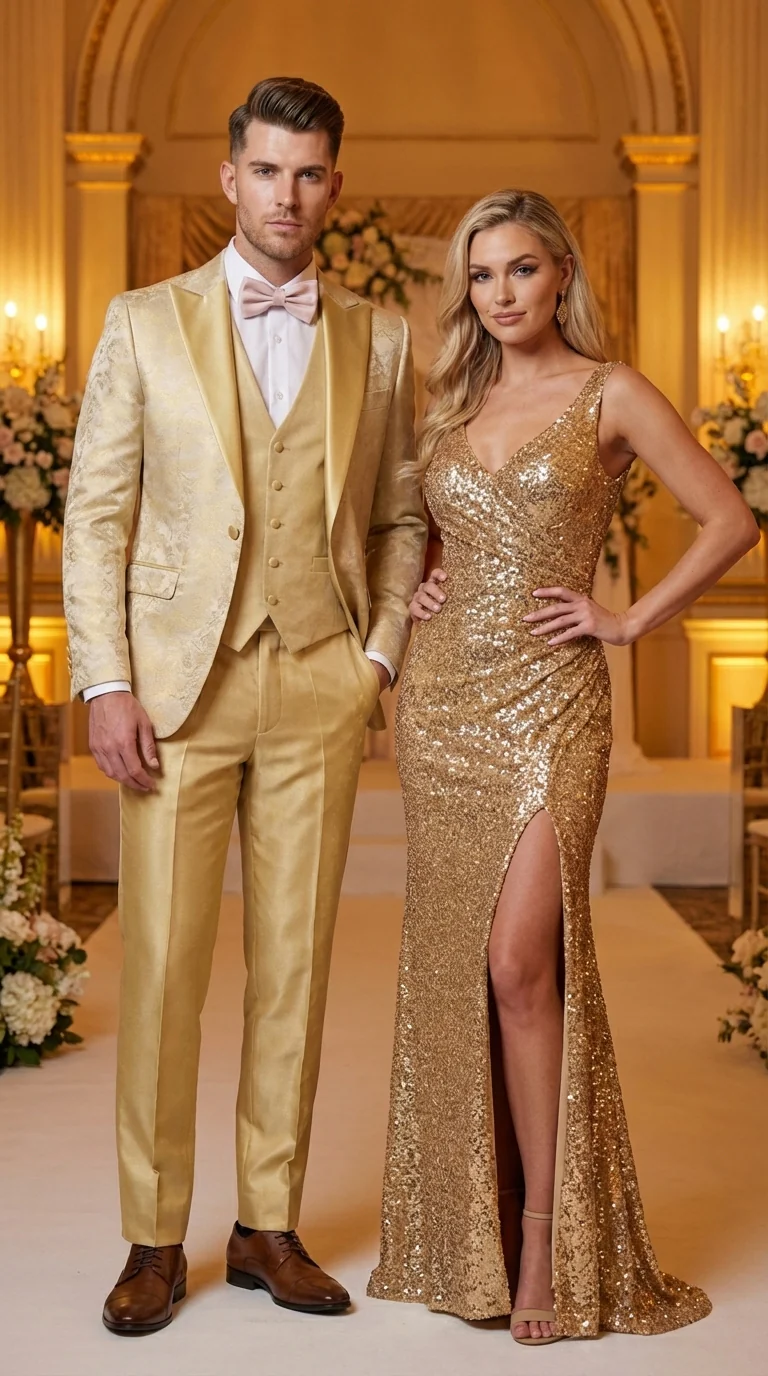Vitali Mens Yellow Gold Designer Tuxedo Suit Set – Luxury Wedding Prom Formal Tuxedo with Vest Bow Tie in Champaign Color - Image 14