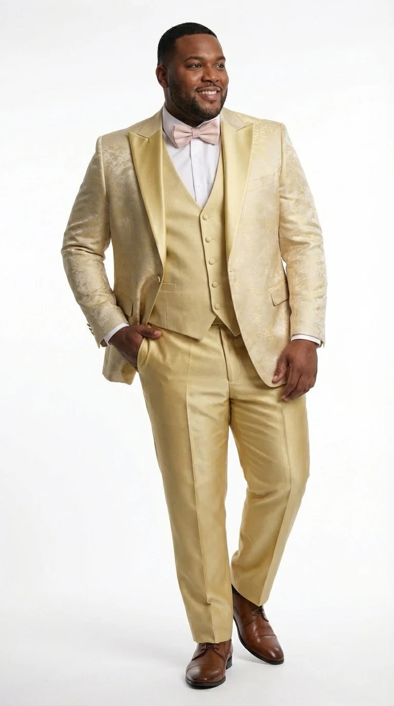 Vitali Mens Yellow Gold Designer Tuxedo Suit Set – Luxury Wedding Prom Formal Tuxedo with Vest Bow Tie in Champaign Color - Image 15