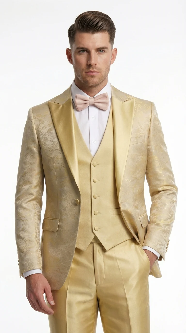Vitali Mens Yellow Gold Designer Tuxedo Suit Set – Luxury Wedding Prom Formal Tuxedo with Vest Bow Tie in Champaign Color - Image 4