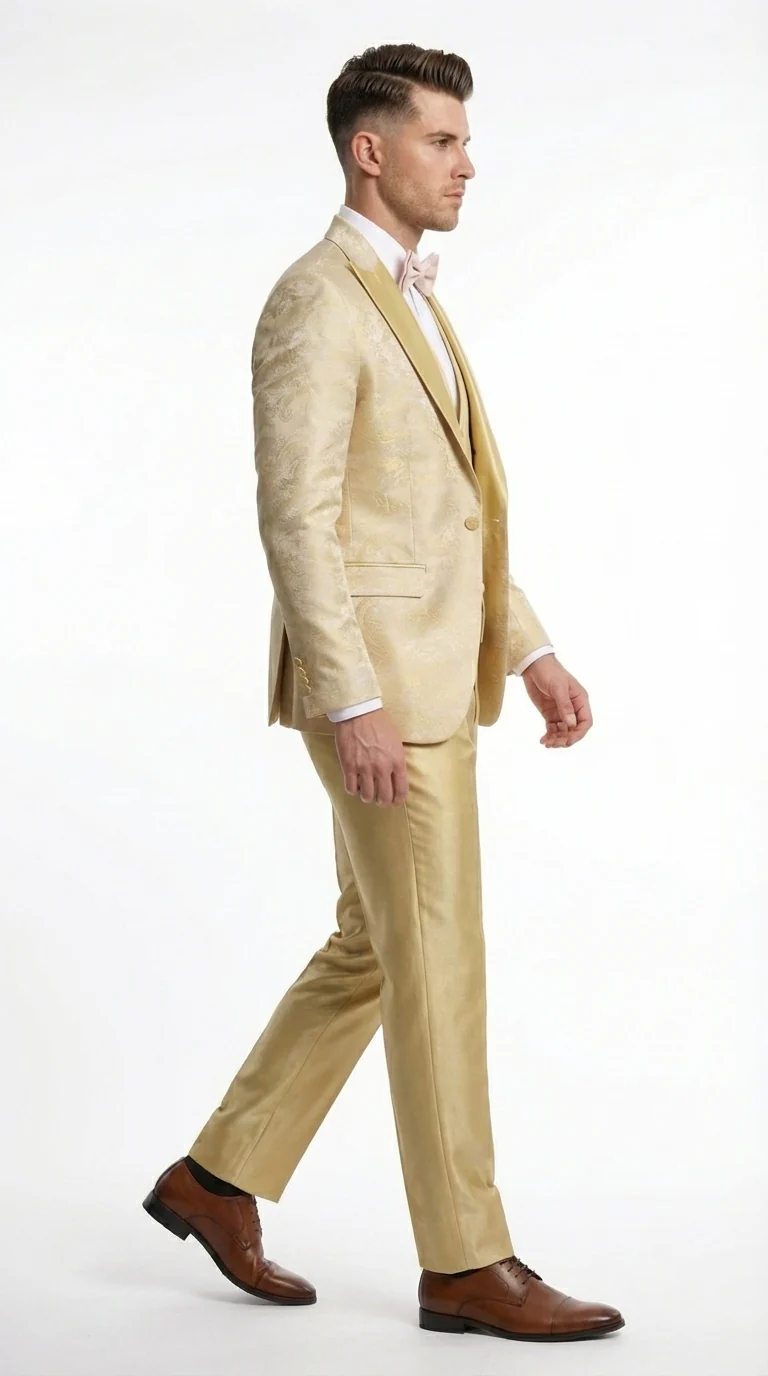 Vitali Mens Yellow Gold Designer Tuxedo Suit Set – Luxury Wedding Prom Formal Tuxedo with Vest Bow Tie in Champaign Color - Image 5