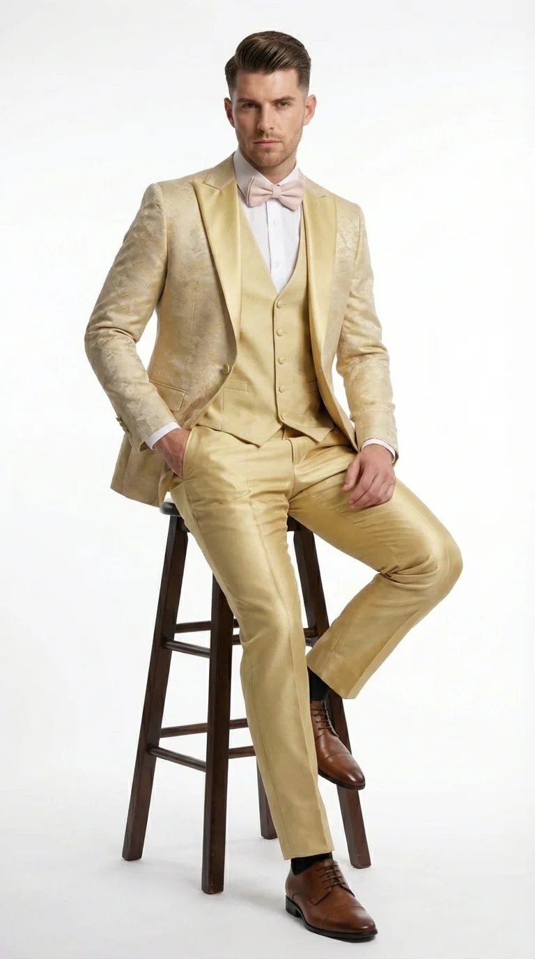 Vitali Mens Yellow Gold Designer Tuxedo Suit Set – Luxury Wedding Prom Formal Tuxedo with Vest Bow Tie in Champaign Color - Image 6