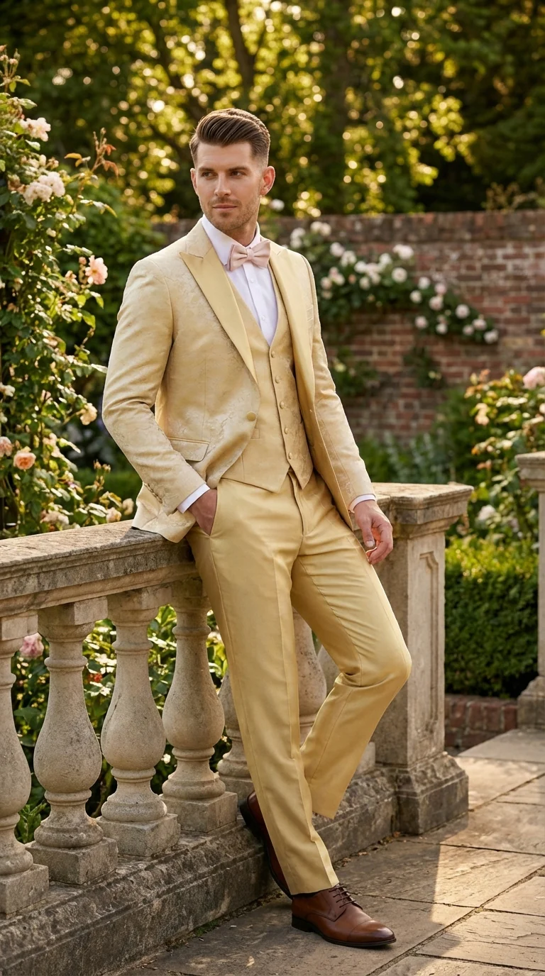 Vitali Mens Yellow Gold Designer Tuxedo Suit Set – Luxury Wedding Prom Formal Tuxedo with Vest Bow Tie in Champaign Color - Image 9