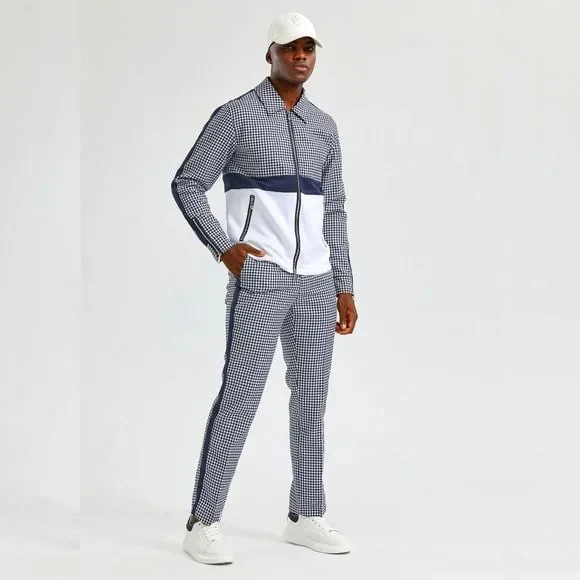 Walking Suit - Mens Houndstooth 2pc Navy Tracksuit - Image 2
