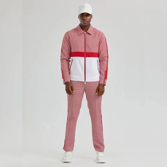 Walking Suit - Mens Houndstooth 2pc Red Tracksuit - Image 3