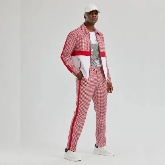 Walking Suit - Mens Houndstooth 2pc Red Tracksuit - Image 4