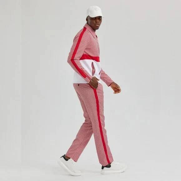 Walking Suit - Mens Houndstooth 2pc Red Tracksuit - Image 5