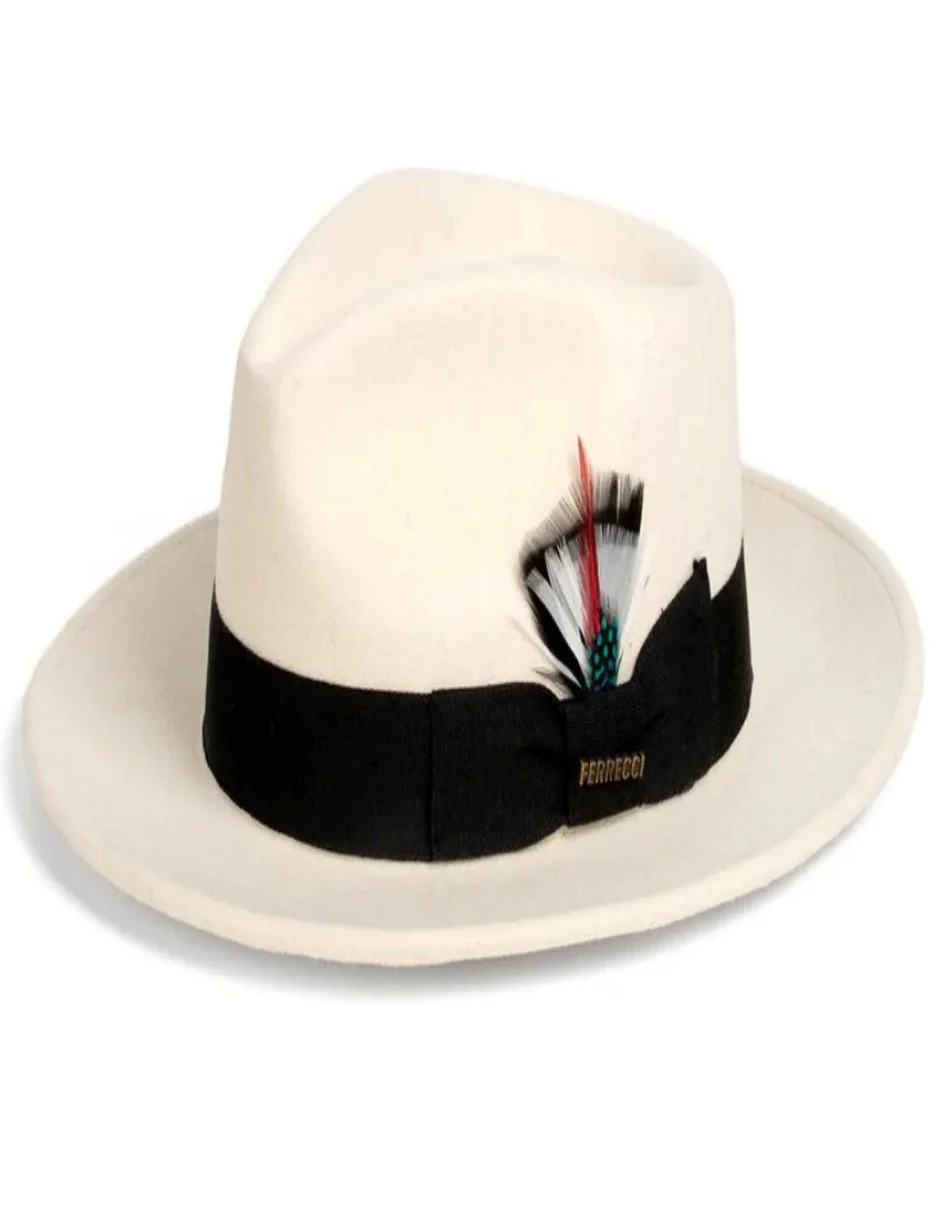 White and Black Dress Hat 1920s Fedora Style - Mens Classic Wool Fedora Dress Hat in White and Black - Image 2