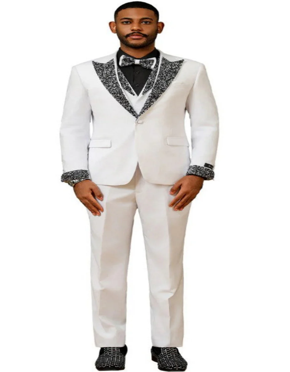 White and Black Prom Tuxedos - Perfect Wedding Suit Vested rhinestone sequin Lapelled - Image 3
