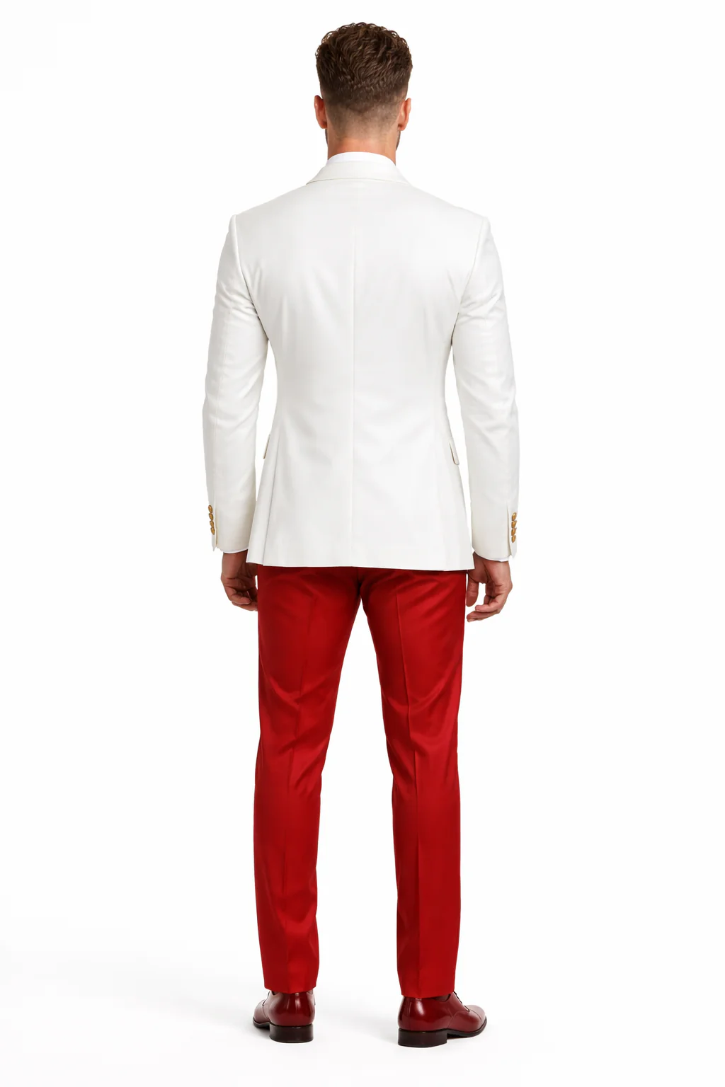 White and Red Tuxedo Wedding Suit - White Dinner Jacket + Vest + Pants + Bow-tie - Image 2