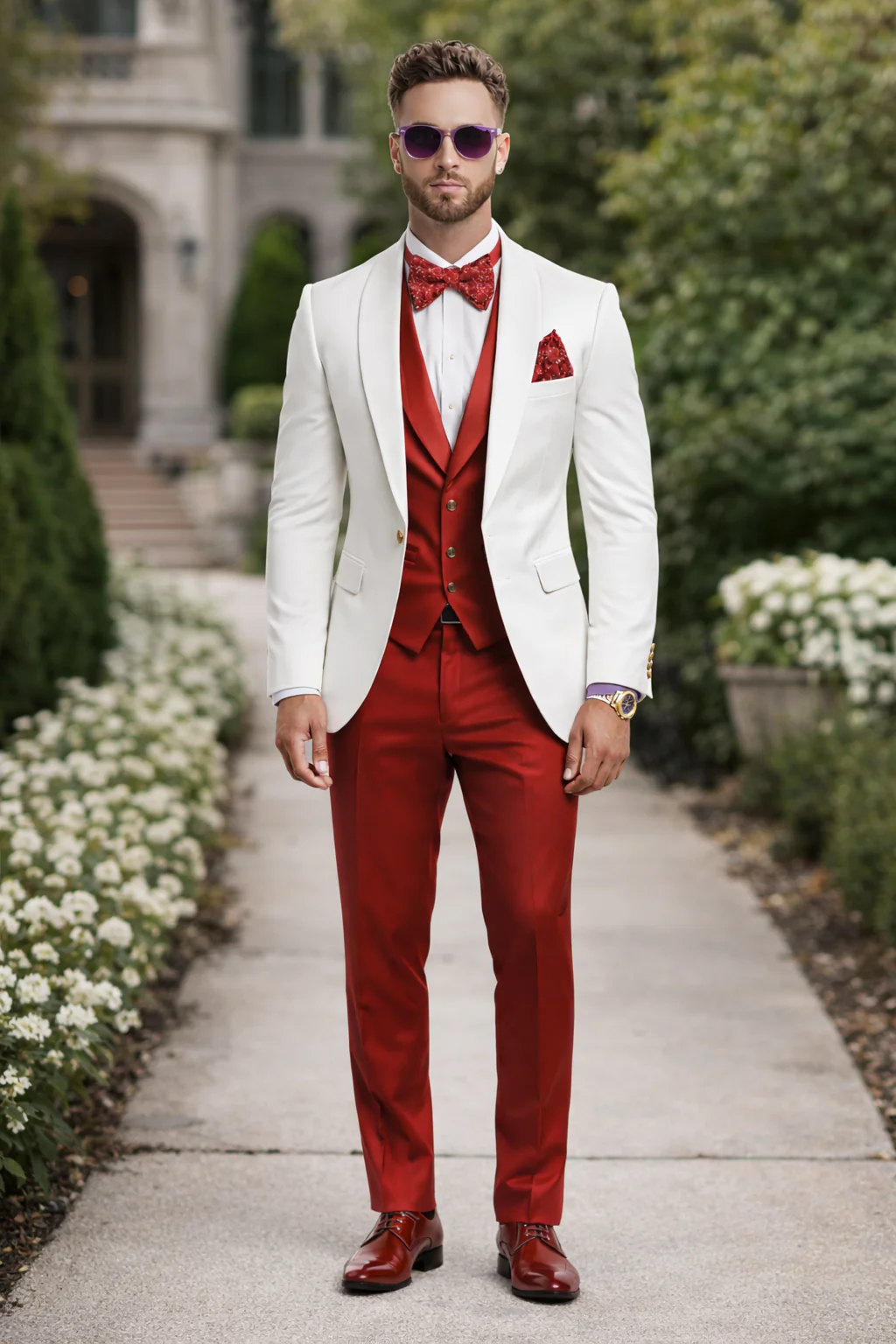White and Red Tuxedo Wedding Suit - White Dinner Jacket + Vest + Pants + Bow-tie - Image 3