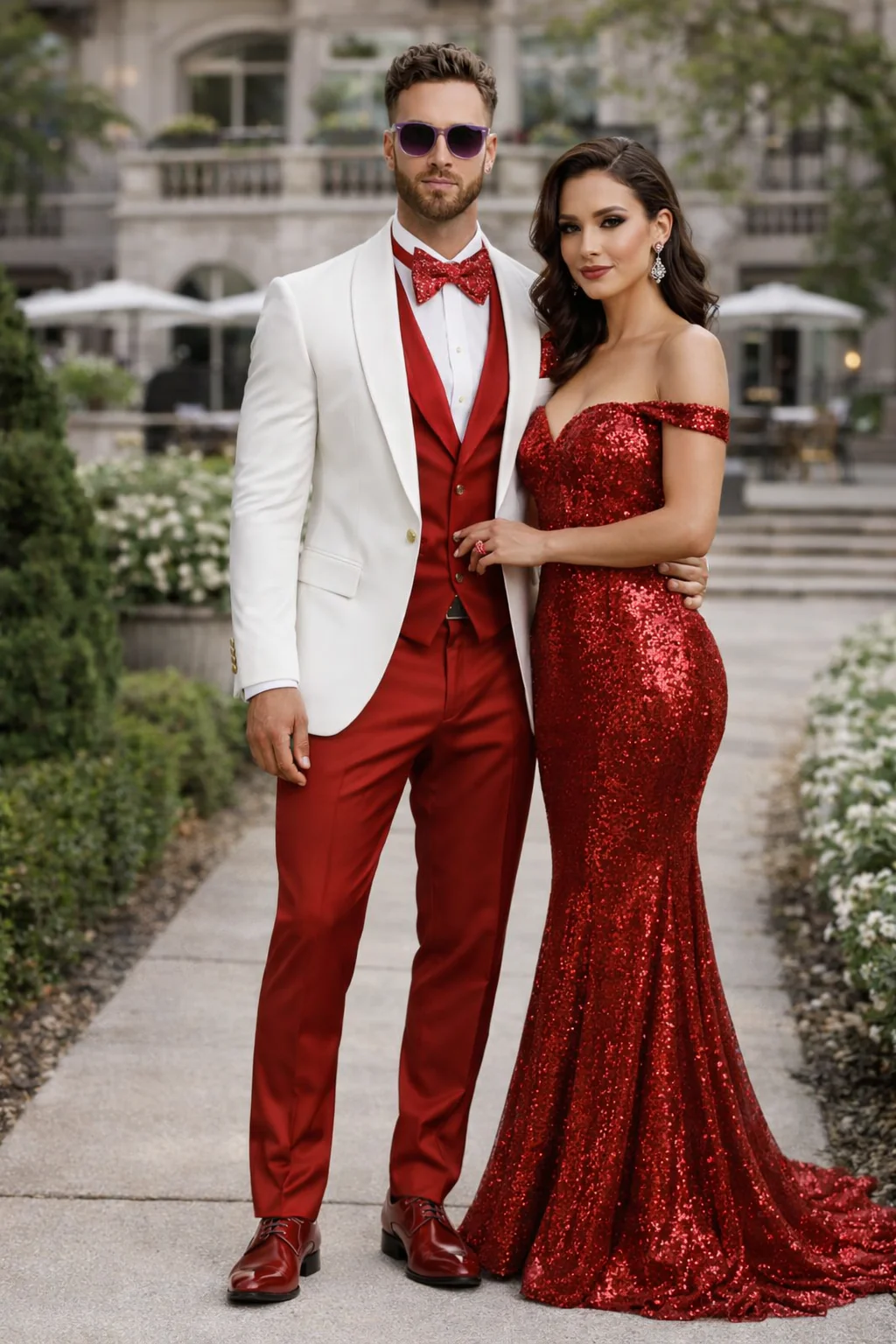 White and Red Tuxedo Wedding Suit - White Dinner Jacket + Vest + Pants + Bow-tie - Image 4