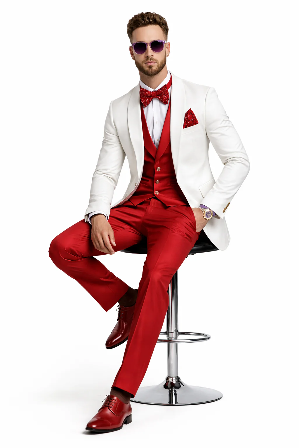 White and Red Tuxedo Wedding Suit - White Dinner Jacket + Vest + Pants + Bow-tie - Image 5