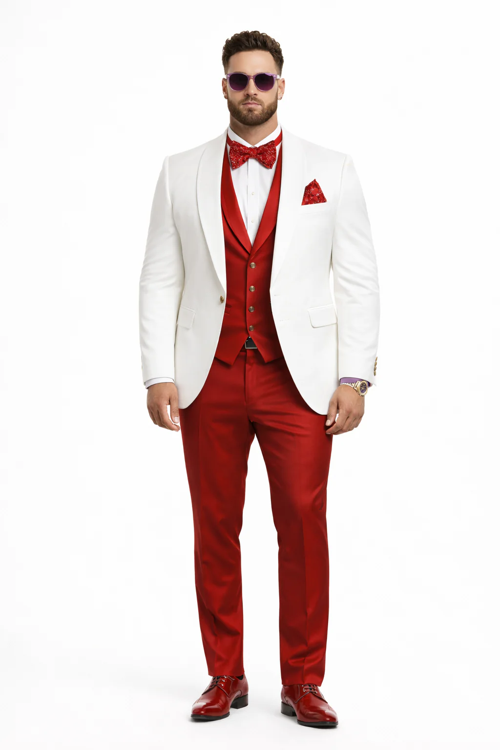 White and Red Tuxedo Wedding Suit - White Dinner Jacket + Vest + Pants + Bow-tie - Image 6