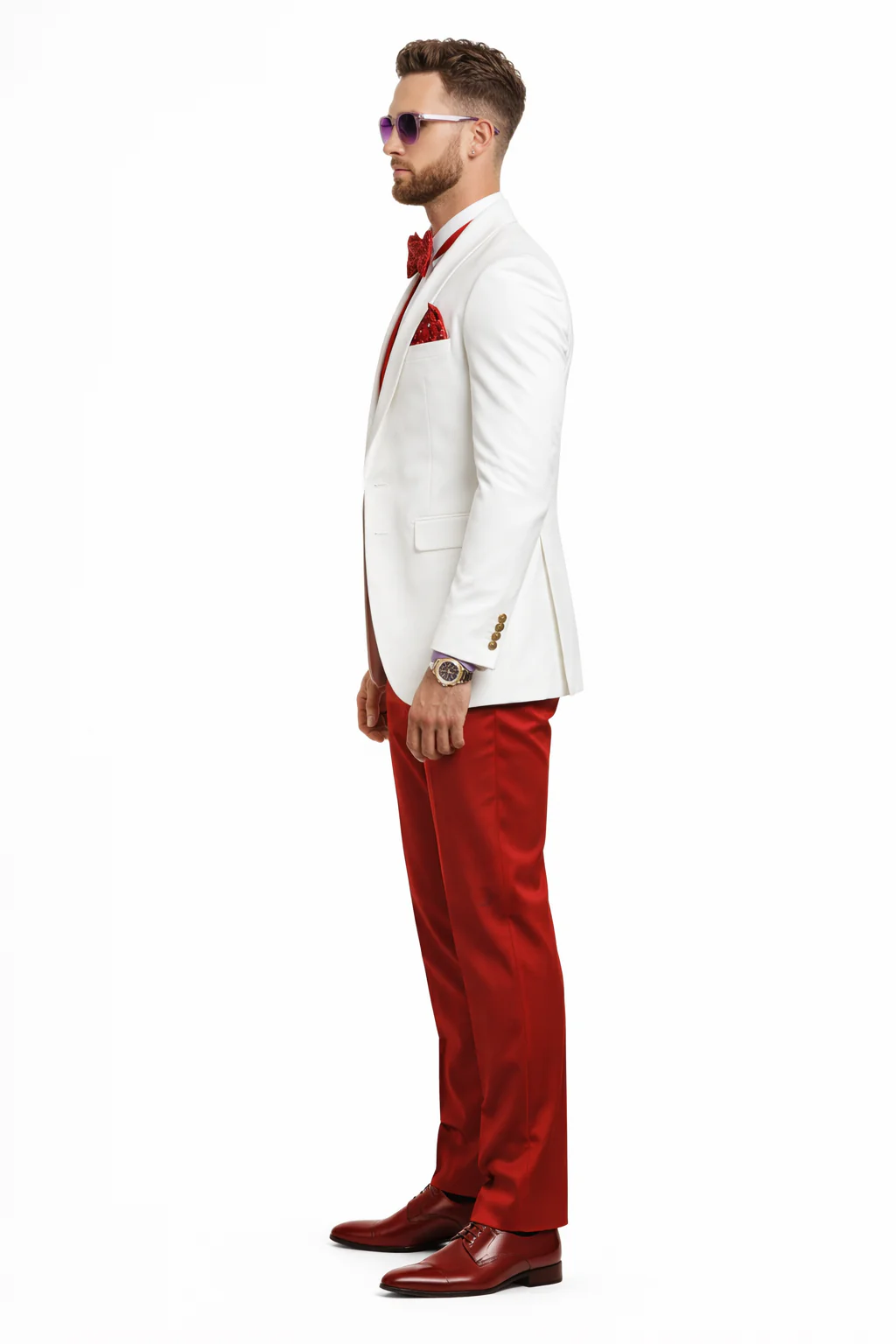 White and Red Tuxedo Wedding Suit - White Dinner Jacket + Vest + Pants + Bow-tie - Image 7