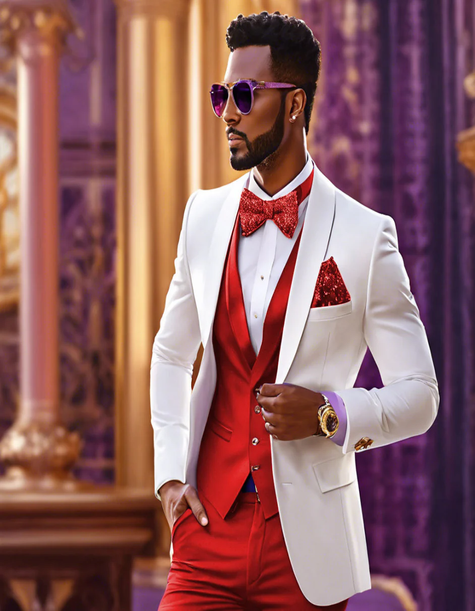 White and Red Tuxedo Wedding Suit - White Dinner Jacket + Vest + Pants + Bow-tie - Image 8