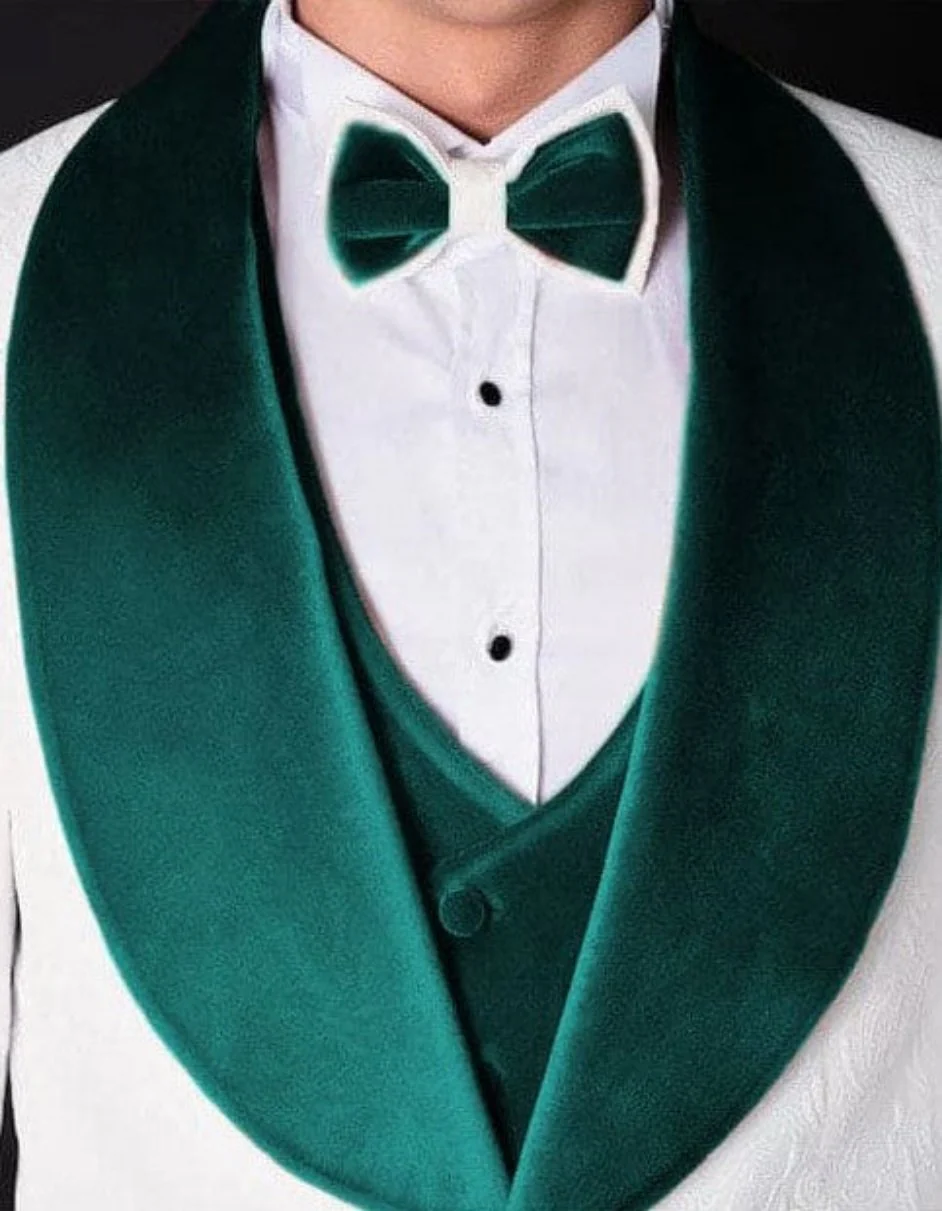 White and Teal Blue Lapel Tuxedo With Vest and Pants - Wedding Groom Suit - Image 3