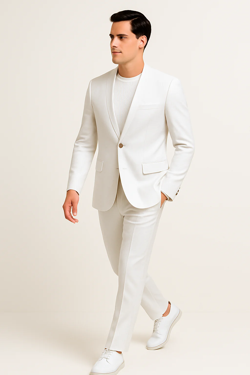 White Linen Suit For Summer - Collarless Blazer and Pants Collarless Lapel - No Lapel Casual! - Image 3