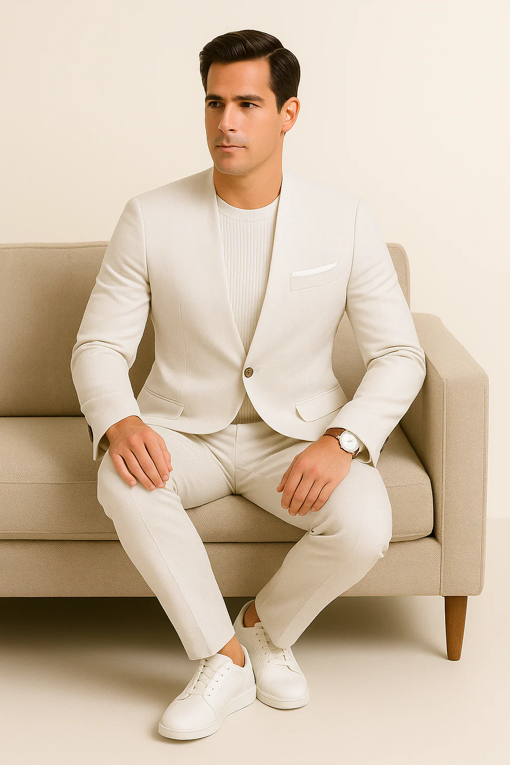 White Linen Suit For Summer - Collarless Blazer and Pants Collarless Lapel - No Lapel Casual! - Image 4