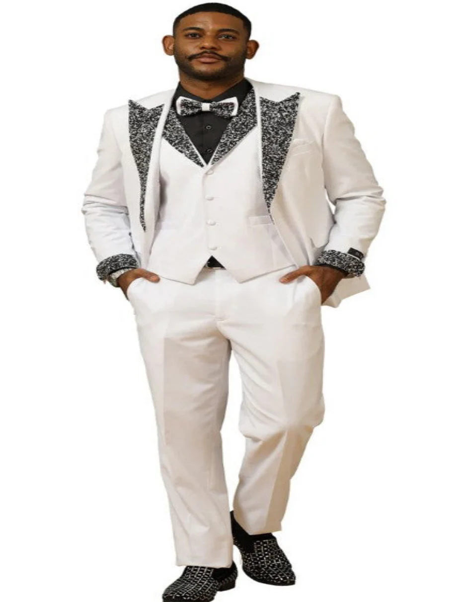 White Prom Tuxedo - Perfect Wedding Suit Vested Rhinestone sequin Lapelled - Image 2