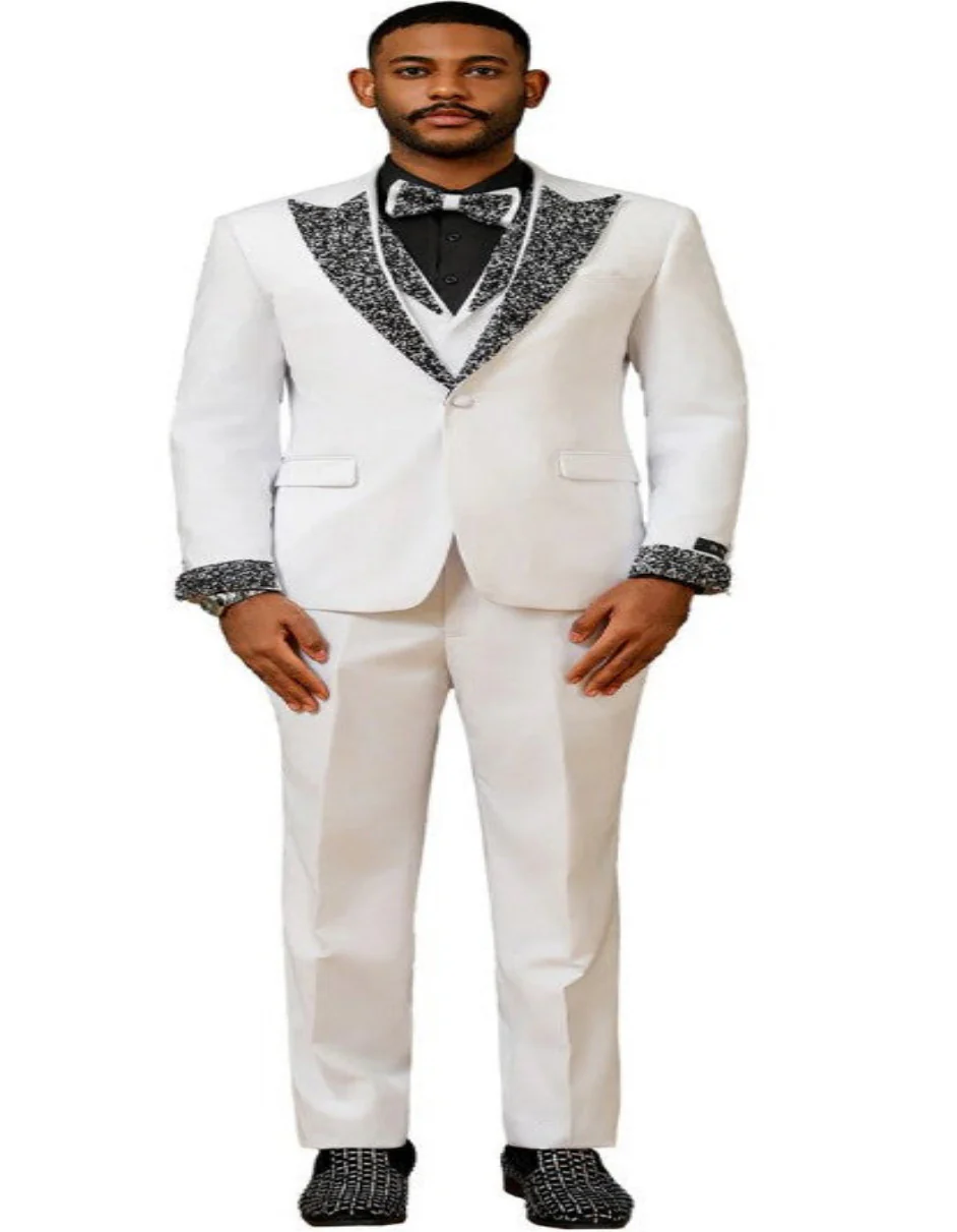 White Prom Tuxedo - Perfect Wedding Suit Vested Rhinestone sequin Lapelled - Image 3
