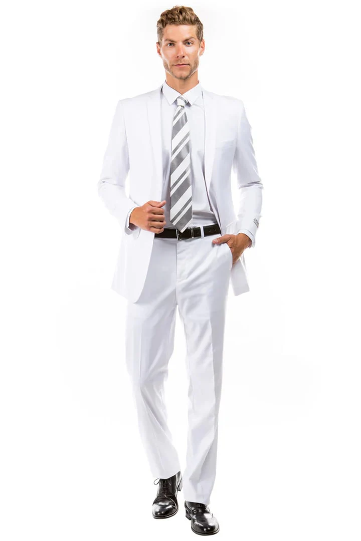 White Wedding Suit For Men - Perfect For Groom - Men's Basic 2 Button Slim Fit Wedding Suit In White - Image 2
