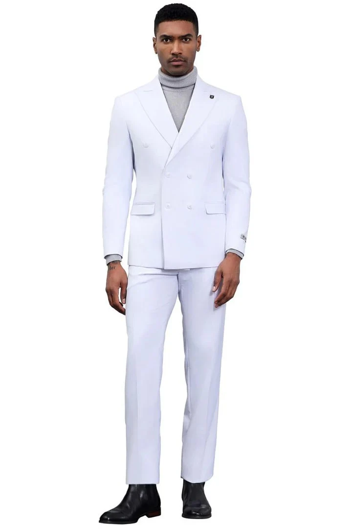 White Wedding Suit For Men - Perfect For Groom - Men's Designer Stacy Adams Classic Double Breasted Suit In White - Image 3