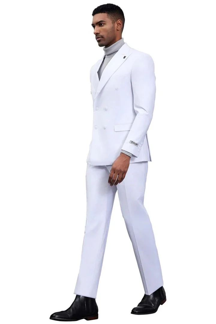 White Wedding Suit For Men - Perfect For Groom - Men's Designer Stacy Adams Classic Double Breasted Suit In White - Image 4