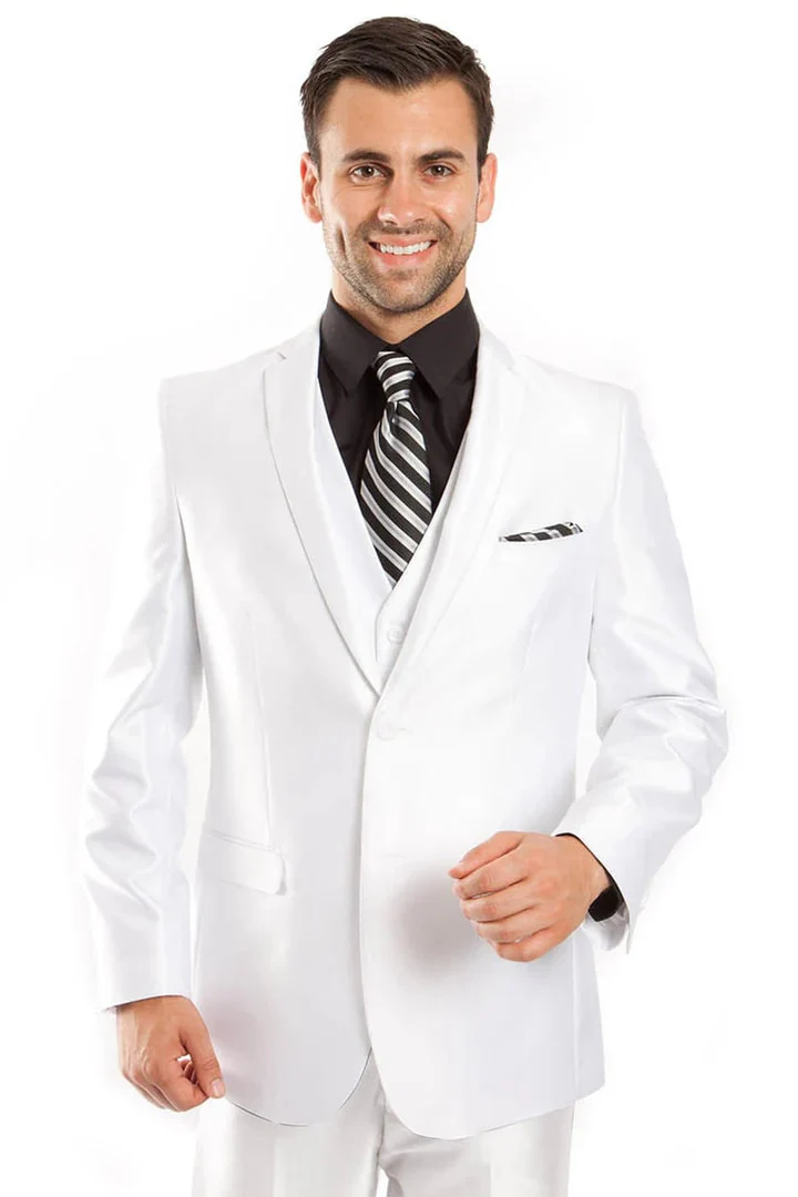 White Wedding Suit For Men - Perfect For Groom -Men's Two Button Vested Shiny Sharkskin Wedding & Prom Fashion Suit In White