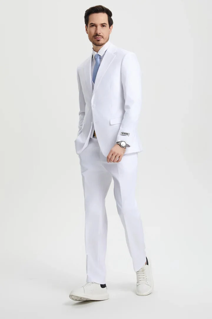White Wedding Suit For Men - Perfect For Groom - Men's Two Button Vested Stacy Adams Basic Designer Suit In White