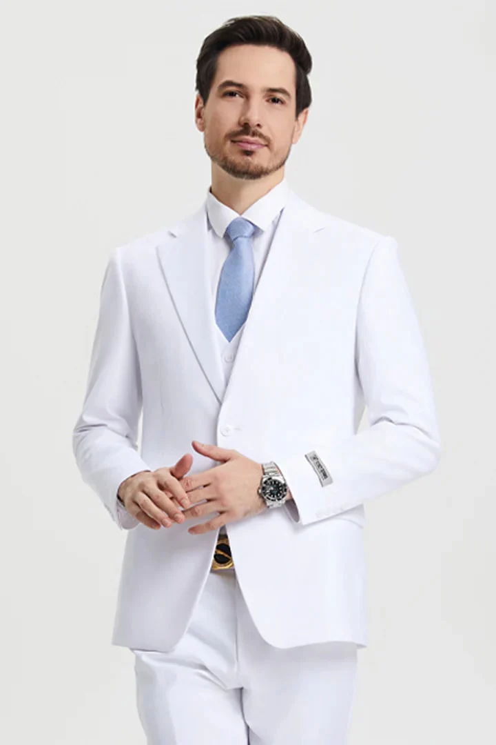 White Wedding Suit For Men - Perfect For Groom - Men's Two Button Vested Stacy Adams Basic Designer Suit In White - Image 2