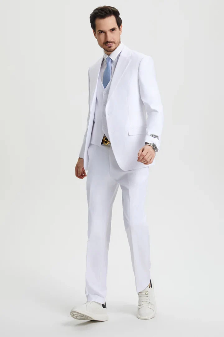 White Wedding Suit For Men - Perfect For Groom - Men's Two Button Vested Stacy Adams Basic Designer Suit In White - Image 3