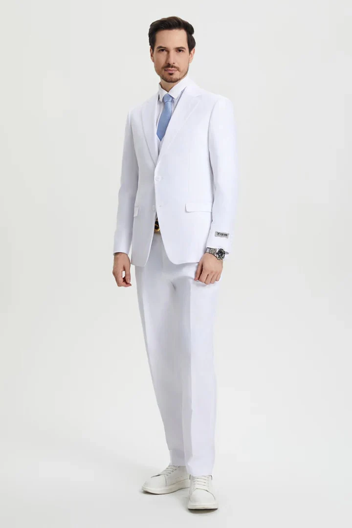 White Wedding Suit For Men - Perfect For Groom - Men's Two Button Vested Stacy Adams Basic Designer Suit In White - Image 4