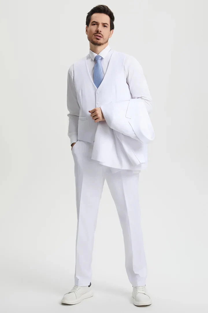 White Wedding Suit For Men - Perfect For Groom - Men's Two Button Vested Stacy Adams Basic Designer Suit In White - Image 5
