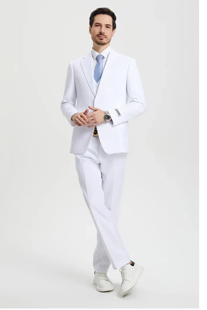 White Wedding Suit For Men - Perfect For Groom - Men's Two Button Vested Stacy Adams Basic Designer Suit In White - Image 6