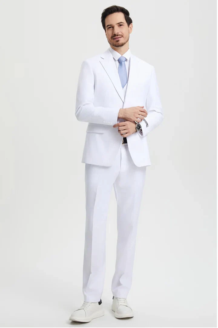White Wedding Suit For Men - Perfect For Groom - Men's Two Button Vested Stacy Adams Basic Designer Suit In White - Image 7