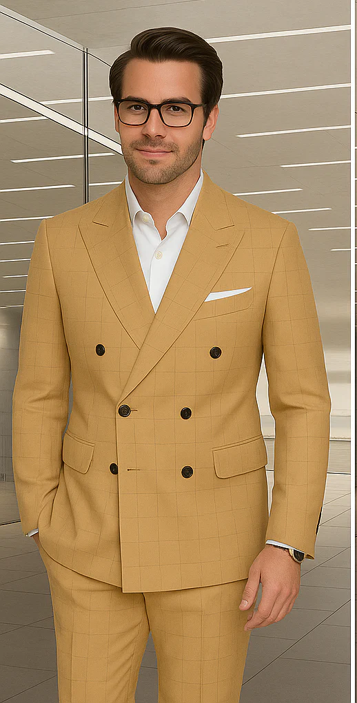 Wool Suit - Italian Made Business Suit by Statement Men's 100% Wool 2 Piece Double Breasted Suit - Subtle Windowpane - Image 12