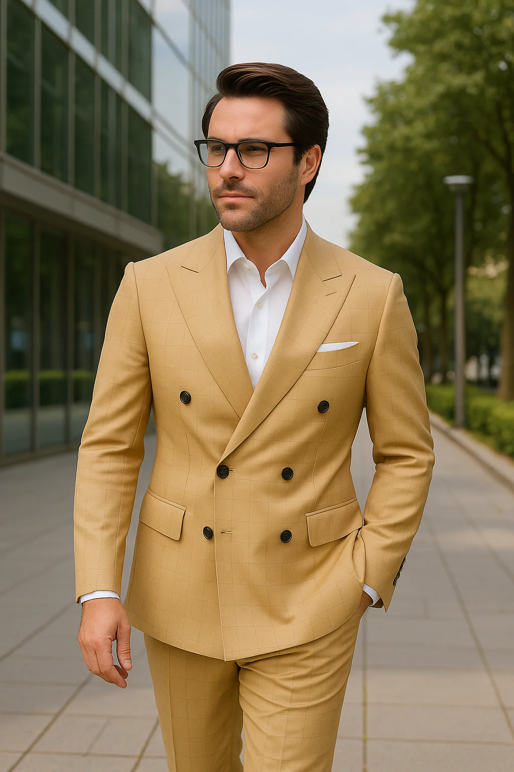 Wool Suit - Italian Made Business Suit by Statement Men's 100% Wool 2 Piece Double Breasted Suit - Subtle Windowpane - Image 14