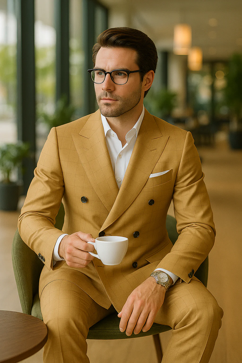 Wool Suit - Italian Made Business Suit by Statement Men's 100% Wool 2 Piece Double Breasted Suit - Subtle Windowpane - Image 15