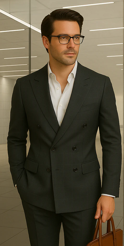 Wool Suit - Italian Made Business Suit by Statement Men's 100% Wool 2 Piece Double Breasted Suit - Subtle Windowpane - Image 16