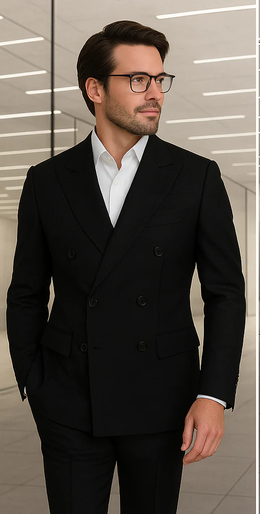 Wool Suit - Italian Made Business Suit by Statement Men's 100% Wool 2 Piece Double Breasted Suit - Subtle Windowpane - Image 3