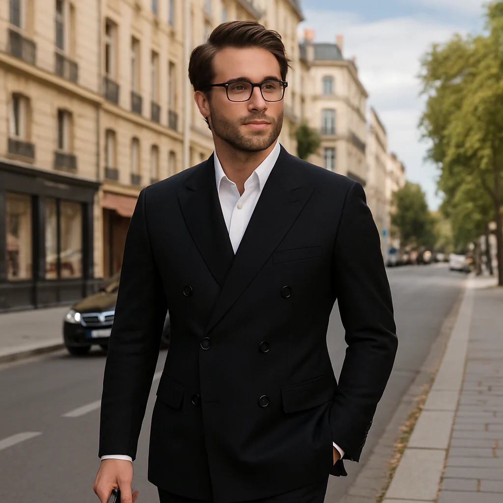 Wool Suit - Italian Made Business Suit by Statement Men's 100% Wool 2 Piece Double Breasted Suit - Subtle Windowpane - Image 5