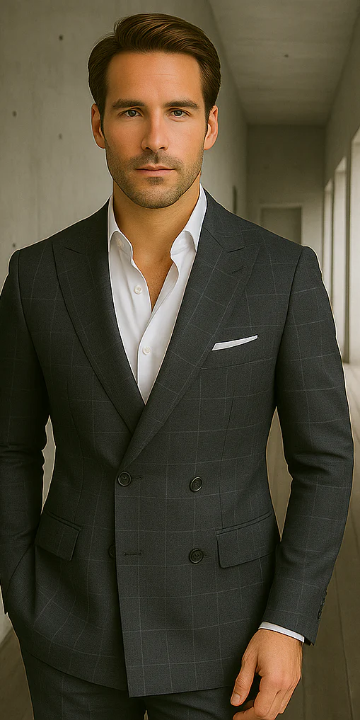 Wool Suit - Italian Made Business Suit by Statement Men's 100% Wool 2 Piece Suit - Double Breasted Plaid - Image 3
