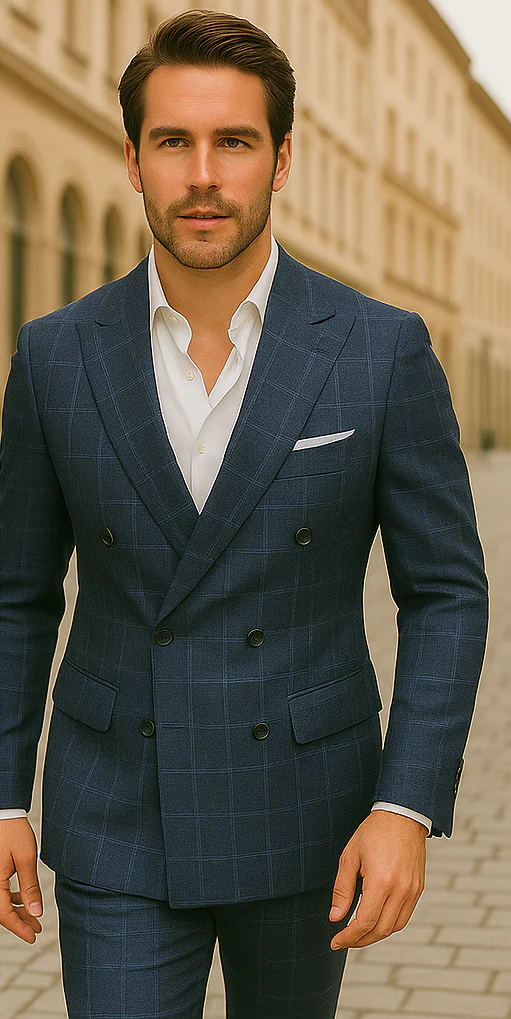 Wool Suit - Italian Made Business Suit by Statement Men's 100% Wool 2 Piece Suit - Double Breasted Plaid - Image 7