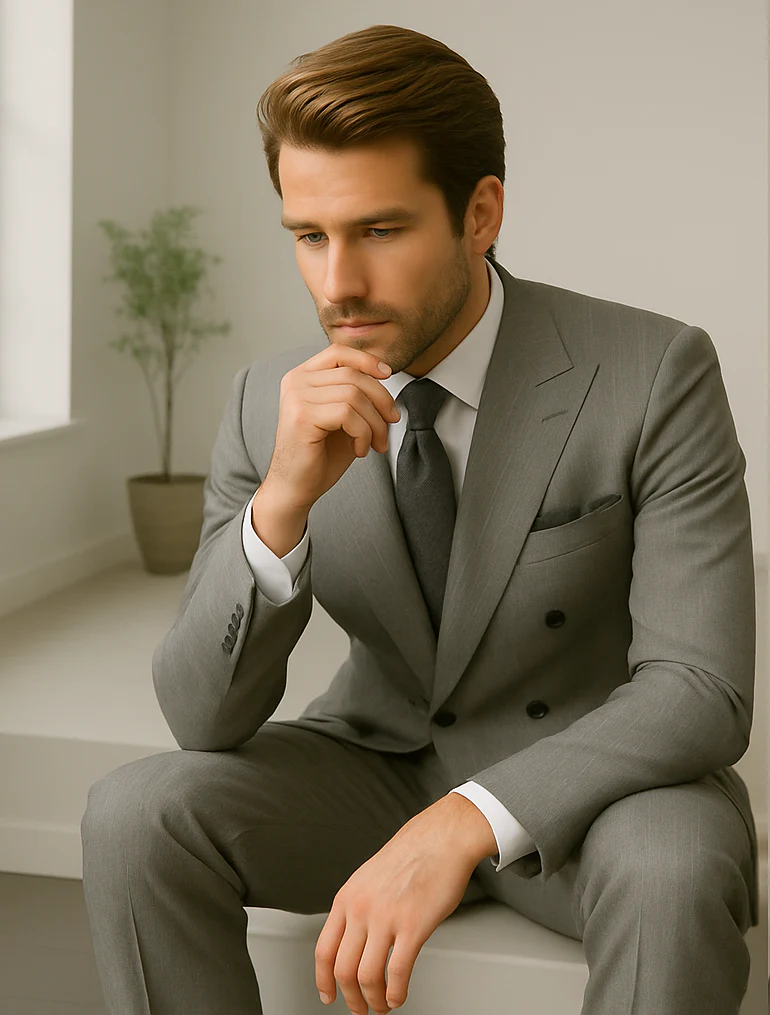 Wool Suit - Italian Made Business Suit by Statement Men's 2 Piece 100% Wool Double Breasted Suit - Pinstripe Pattern - Image 10