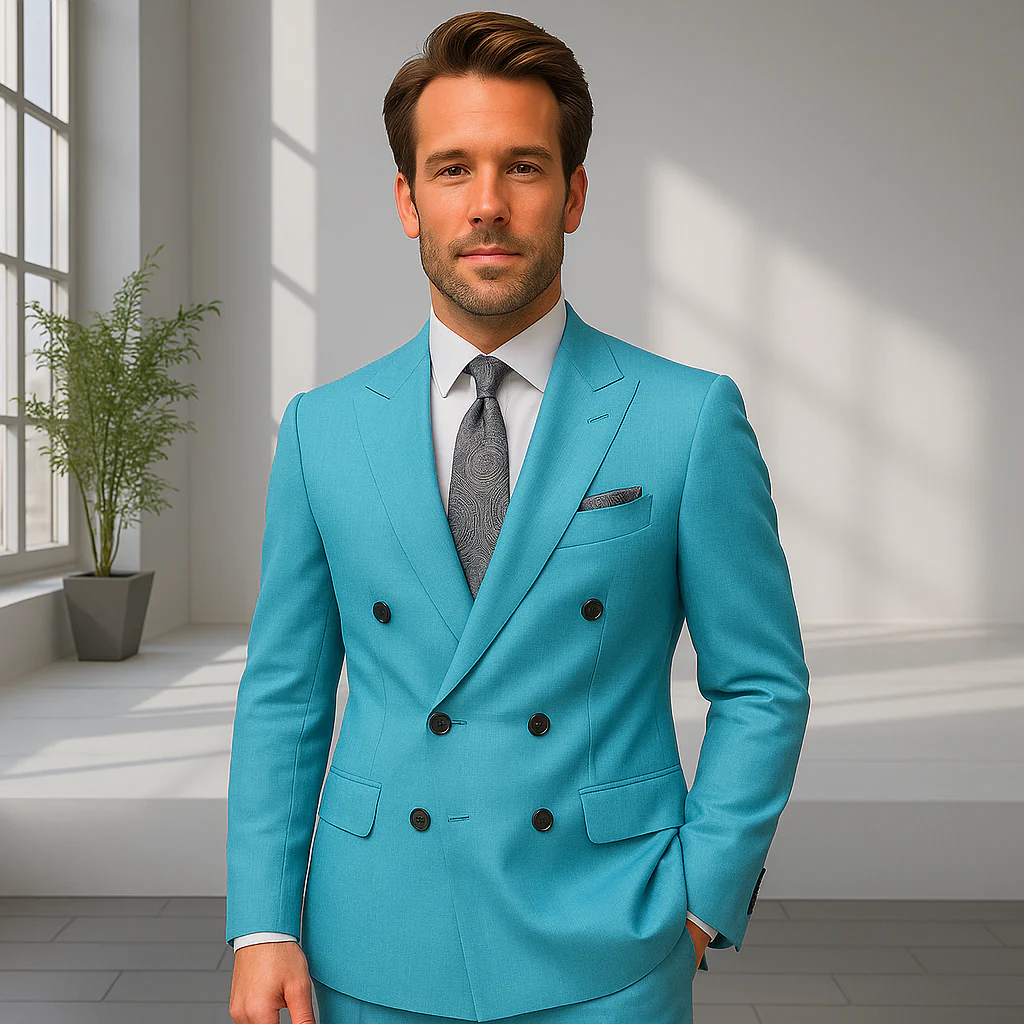Wool Suit - Italian Made Business Suit by Statement Men's 2 Piece 100% Wool Double Breasted Suit - Pinstripe Pattern - Image 4