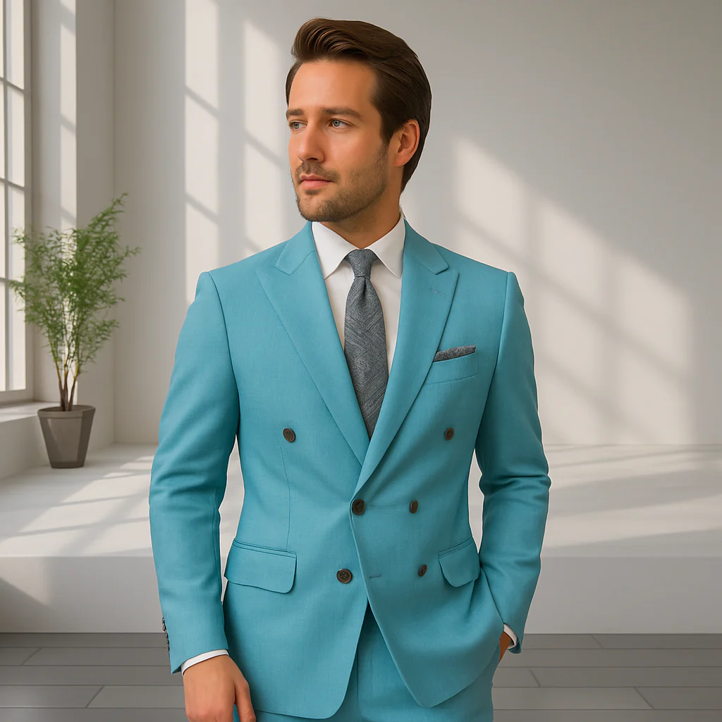 Wool Suit - Italian Made Business Suit by Statement Men's 2 Piece 100% Wool Double Breasted Suit - Pinstripe Pattern - Image 5