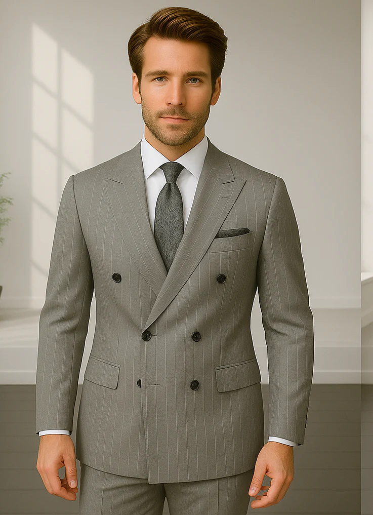 Wool Suit - Italian Made Business Suit by Statement Men's 2 Piece 100% Wool Double Breasted Suit - Pinstripe Pattern - Image 8